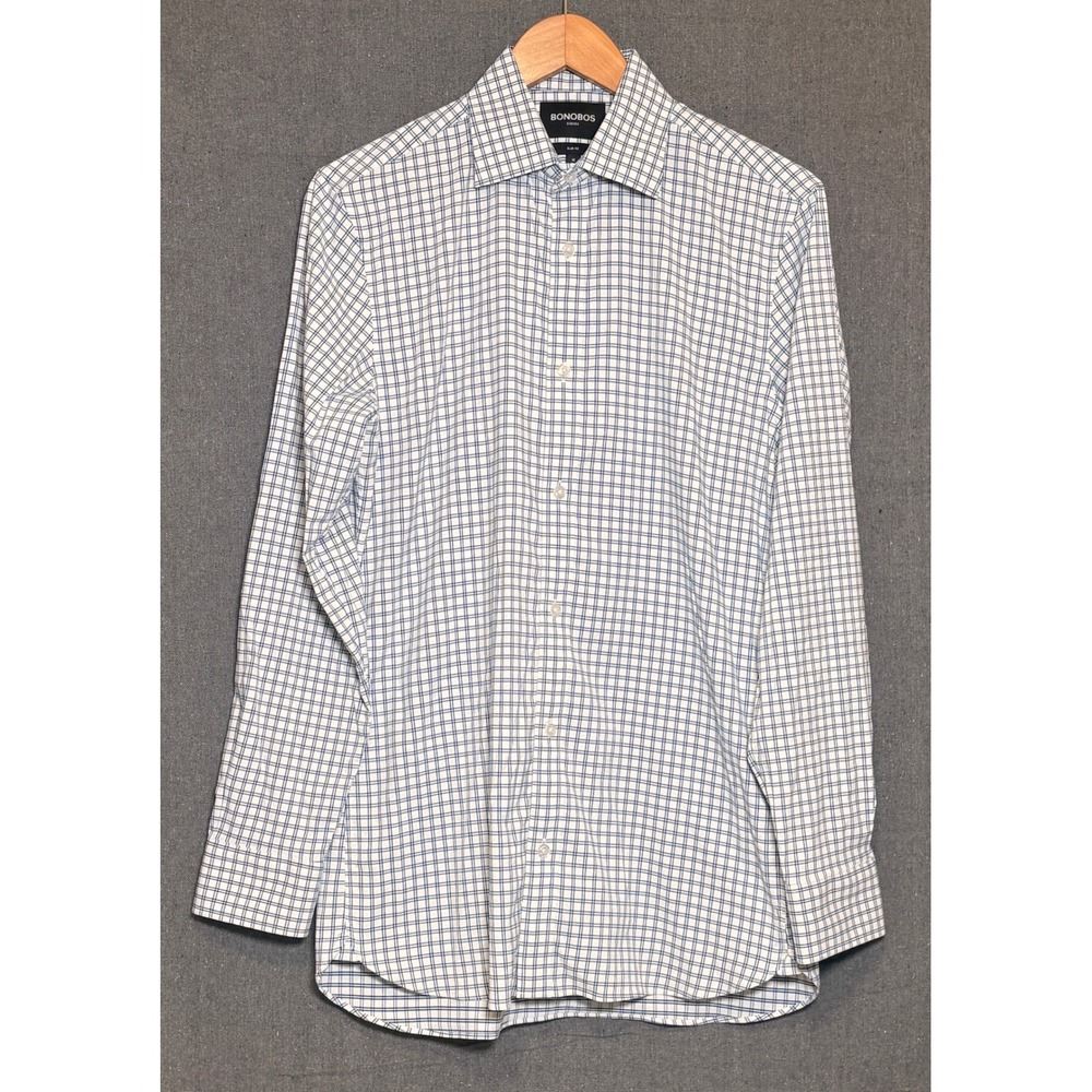 Bonobos Stretch Slim Fit Shirt Mens M 15.5 Blue White Grid Check Button Down